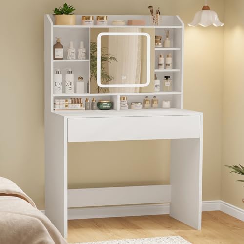 usikey Small Vanity Desk with Mirror and Lights, Makeup Vanity with Lighted Sliding Mirror, 3 Lighting Modes, 1 Large Drawer & 3 Hidden Storage Shelves, Vanity Table for Bedroom, Closet, White
