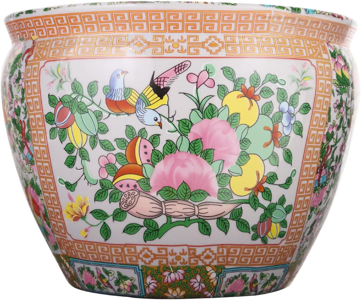 Floral Asian Design Cachepot Planter with Rose Medallion Painting 10