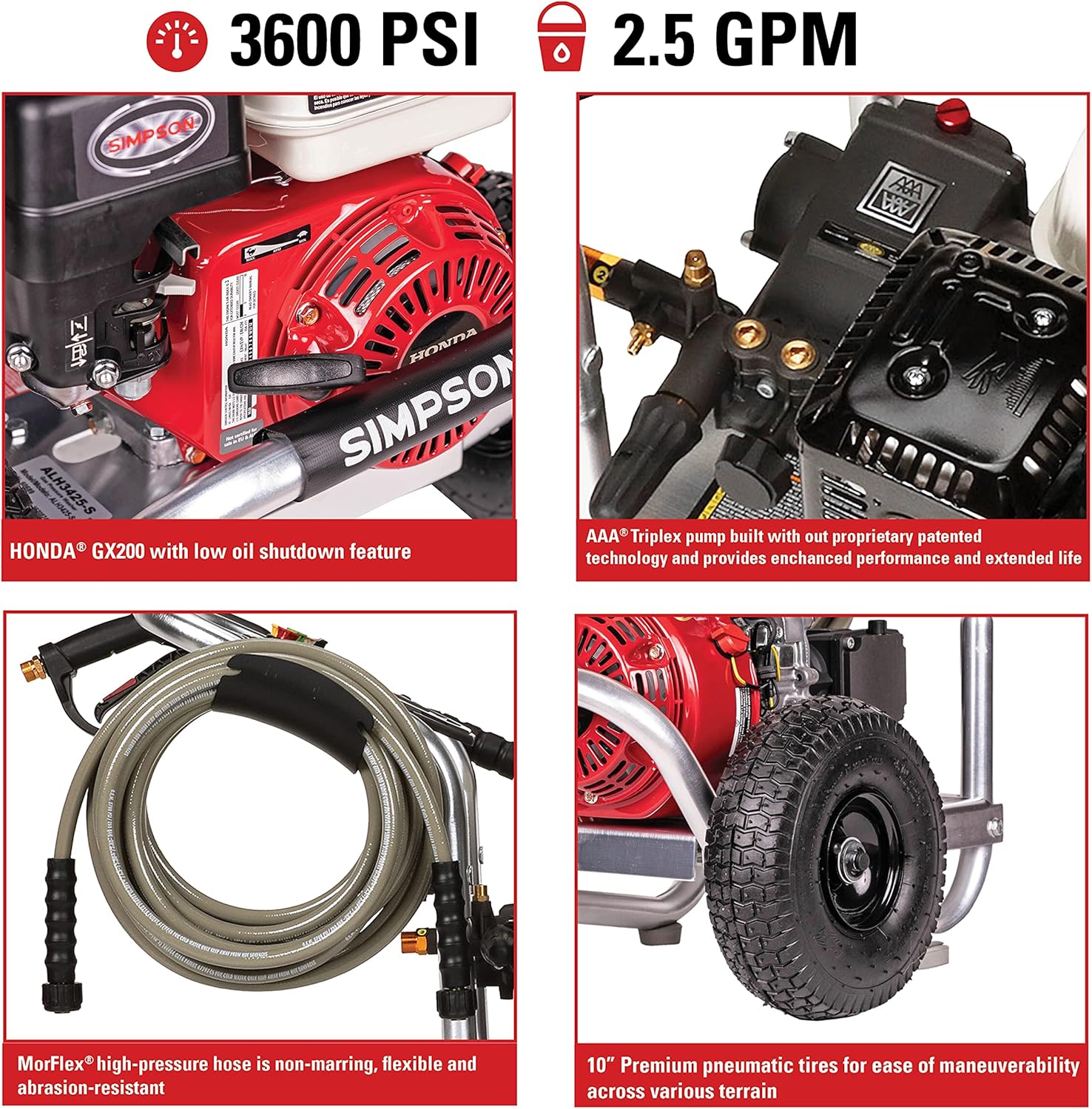 SIMPSON Cleaning ALH3425 Aluminum Gas Pressure Washer Powered by Honda GX200, 3600 PSI @ 2.5 GPM, Black & Red
