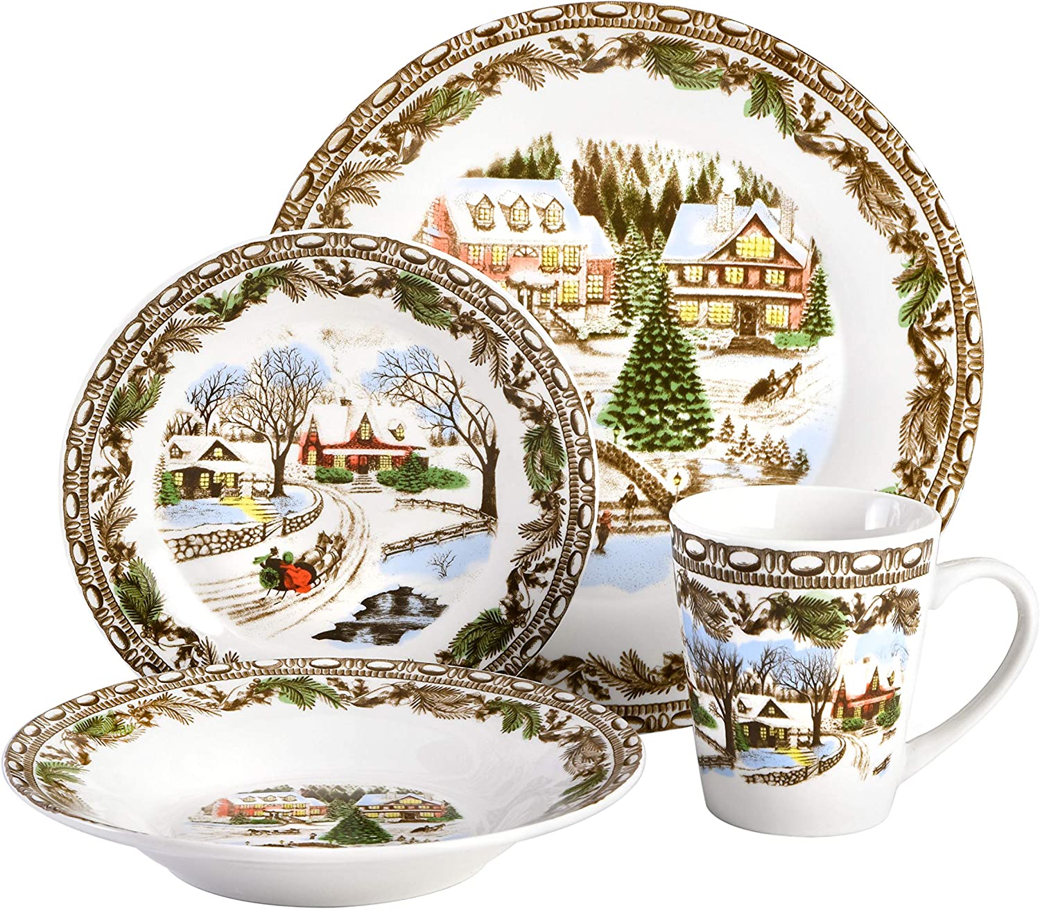 Christmas Toile 16 Piece Dinnerware Set, Multicolor -