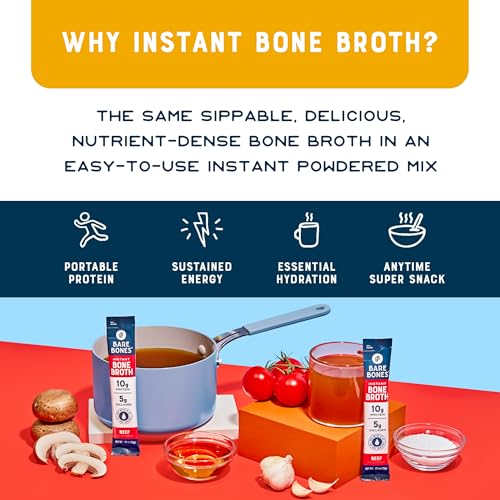 Bare Bones Bone Broth Instant Powdered Beverage Mix, Chicken & Beef, Variety Pack of 32, 16 Chicken & 16 Beef - 15g Sticks, 10g Protein, Keto & Paleo Friendly