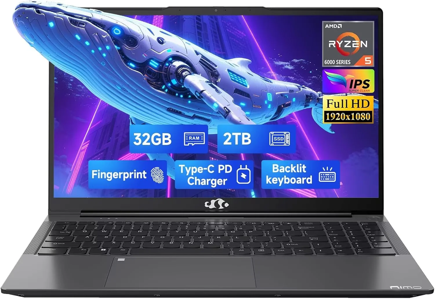 15.6" FHD Business-Gaming-Laptop 6-Cores AMD Ryzen 5 6600H(Up to 4.5 GHz) 660M GPU 32GB DDR5 2TB SSD Laptop-Computer with 100W Type-C Backlit Keyboard Fingerprint-Gray