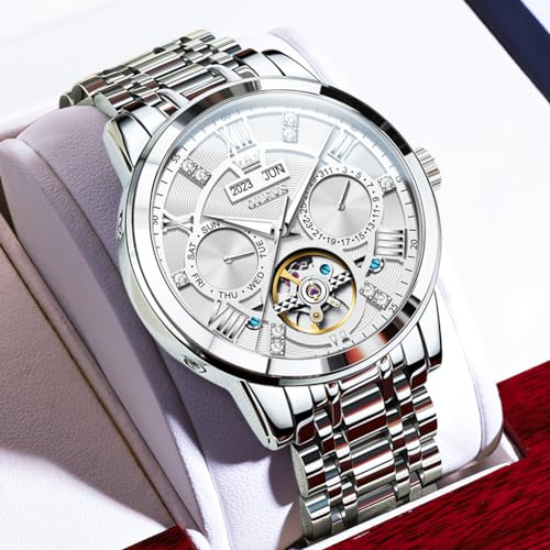 OLEVS Automatic Watches for Men Self Winding Mechanical Skeleton Luxury Dress Stainless Steel Diamond Men Wrist Watches