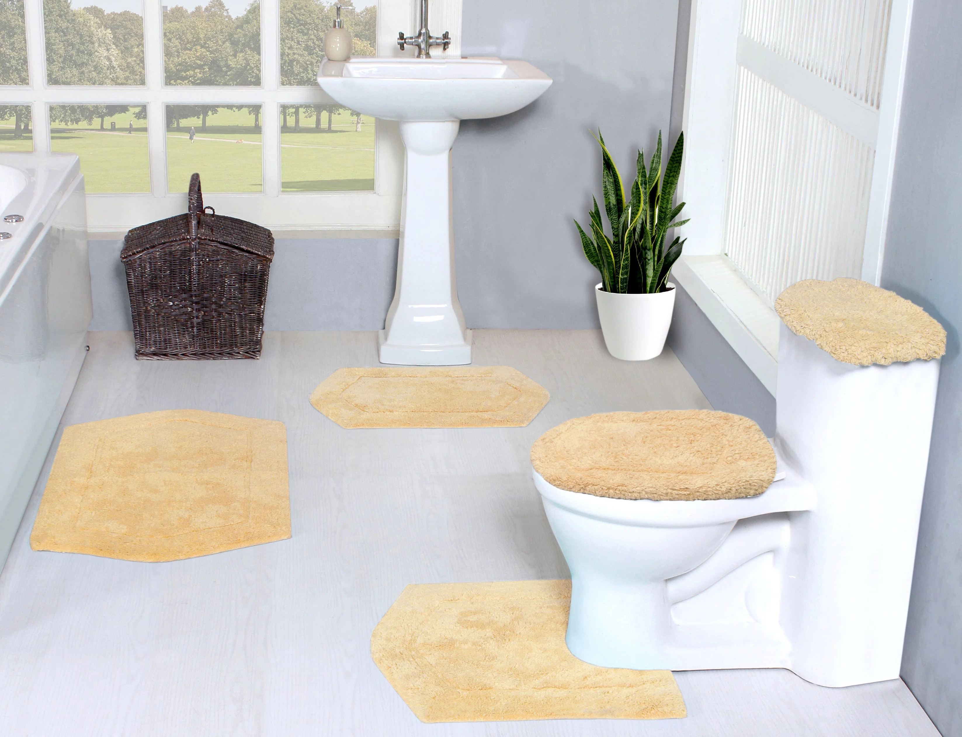 Home Weavers Waterford Collection 100% Cotton Tufted Bath Rug, Soft and Absorbent Bath Rugs, Non-Slip Bath Mets, Machine Washable bath rugs for Bathroom, 5 Piece Set with Tank Lid Cover, Yellow Rug