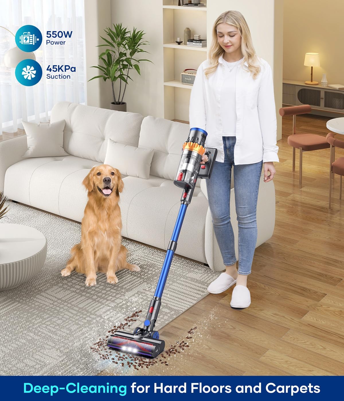 NADALY Cordless Vacuum Cleaner, 550W/45Kpa Stick Vacuum with Touch Screen, MAX 60Mins Runtime Vacuum Cleaner for Home, Anti-Tangle & Auto Mode, Wireless Vacuum for Pet Hair Carpet Hardwood Floor