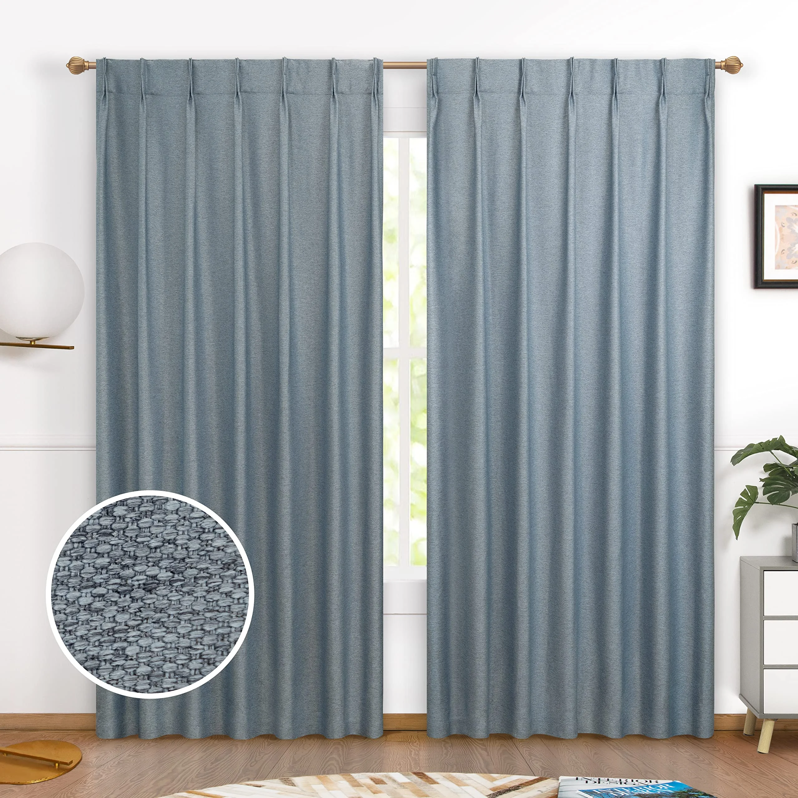 DriftAway Pinch Pleat Blackout Curtains 84 Inches Long 2 Panels Set Faux Linen Textured Curtains for Bedroom Living Room Thermal Insulated Privacy Back Tab Window Drapes 52x84 Dusty Blue