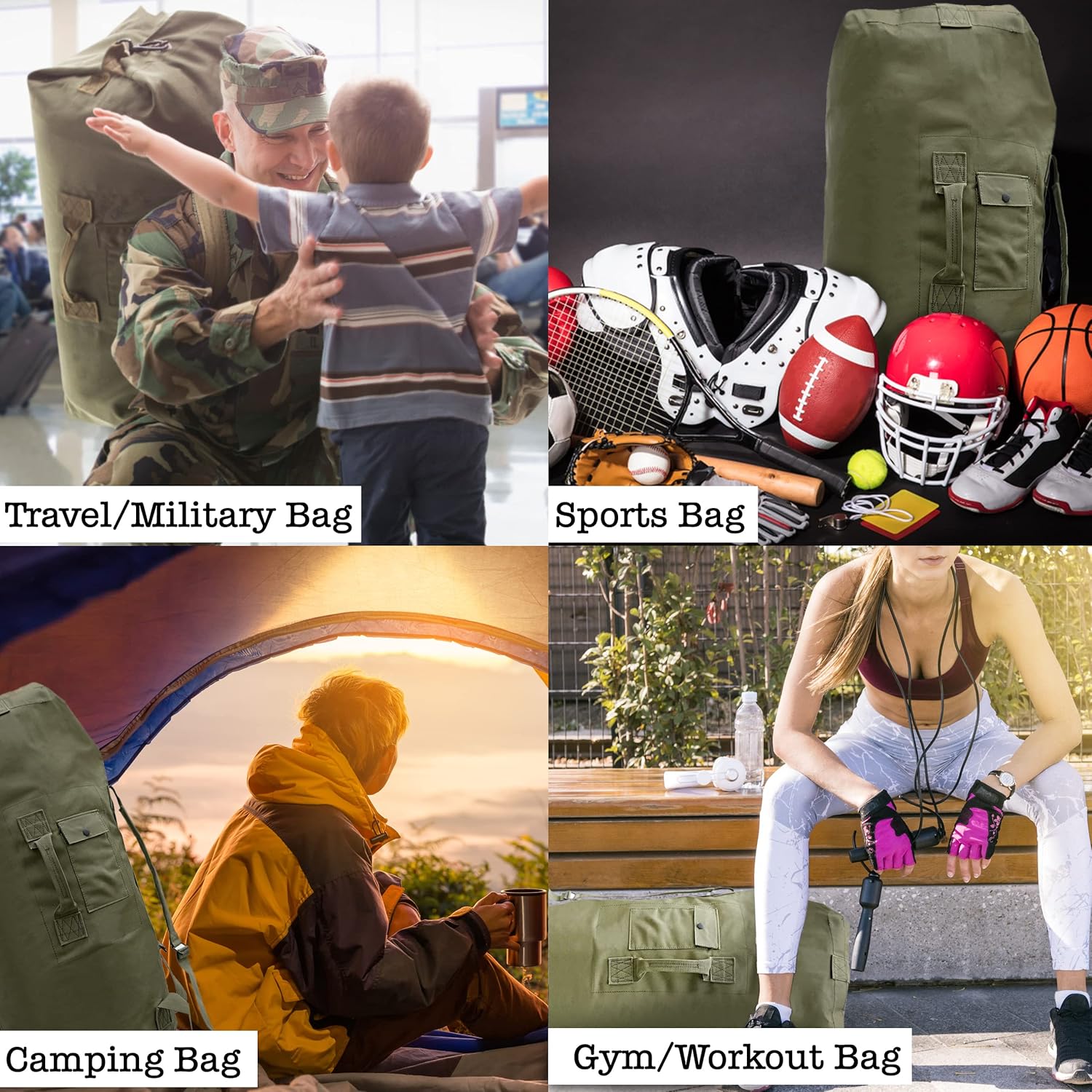 BaHoki Essentials Canvas Duffel Bag - Heavy Duty Top Load Duffel Sea Bag - Military Green Cargo Travel Bags