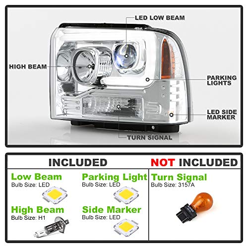 ACANII - For 2005-2007 Ford F250 F350 SuperDuty Chrome w/Light Tube LED Projector Headlights Headlamps Pair Left+Right