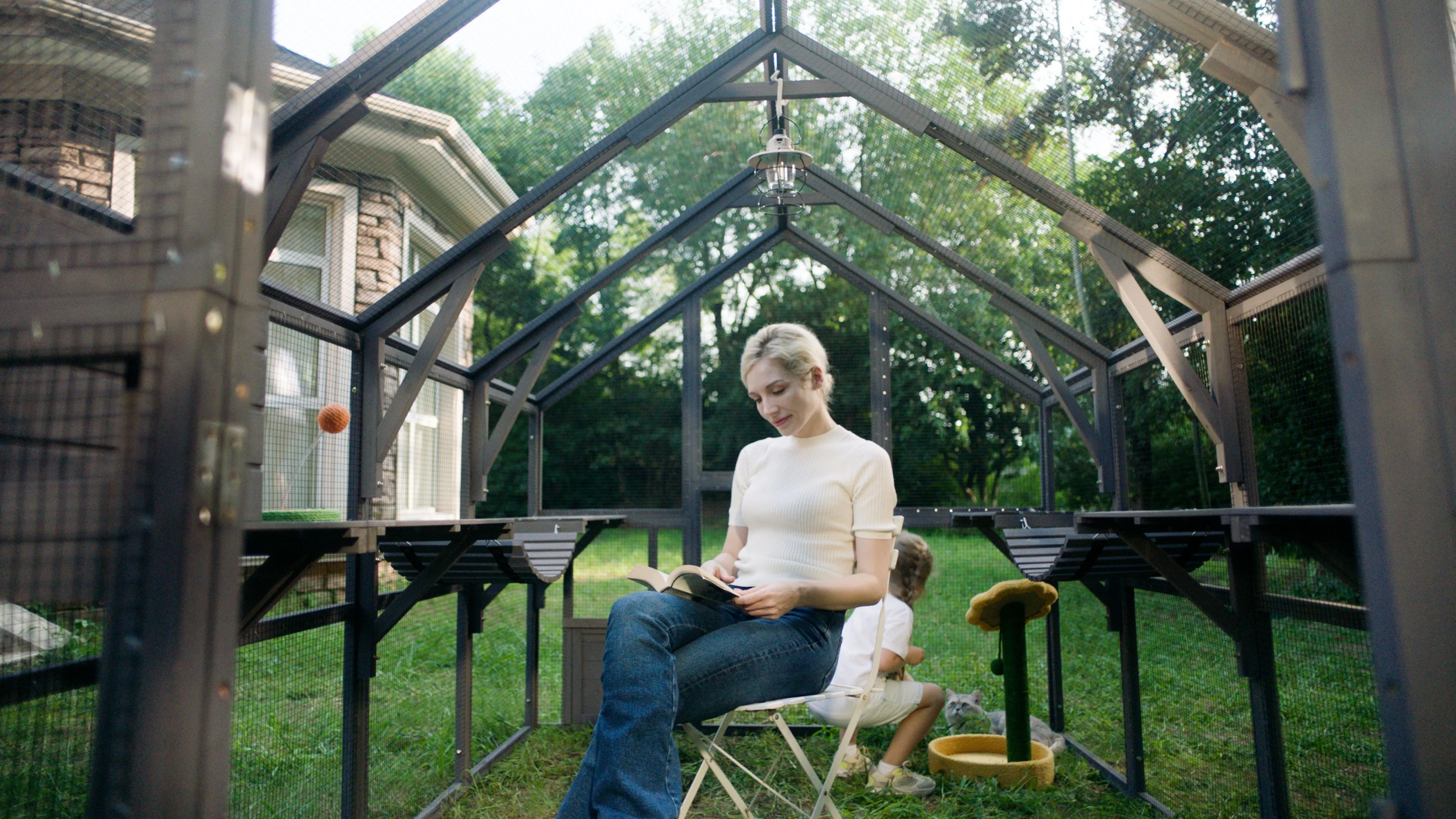 Morgete 110'' Extra Large Cat House Outdoor Walk-in Enclosure Wooden Catio Cage with Bridges, Platforms, Rest Rooms, Roof Cover