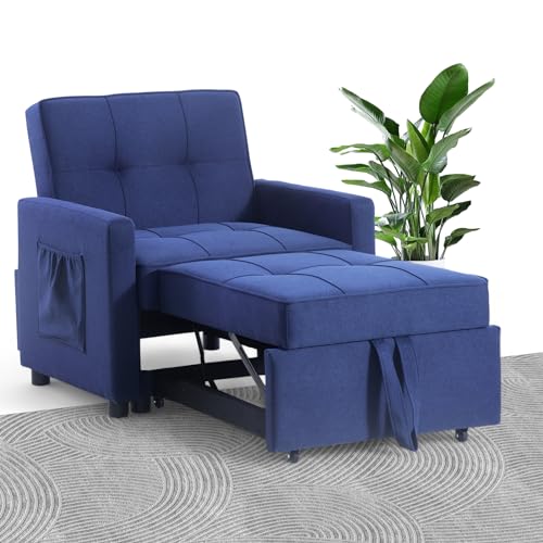 3 in 1 Convertible Sleeper Sofa Bed Pull Out Couch Futon Loveseat Velvet Chaise Lounge with 2 Pockets and 2 Pillows for Living Room, Blue