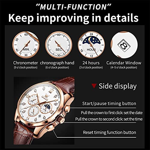 OLEVS Mens Watches Leather Chronograph Luxury Fashion Dress Analog Quartz Wrist Watch Luminous Waterproof Moon Phase Date