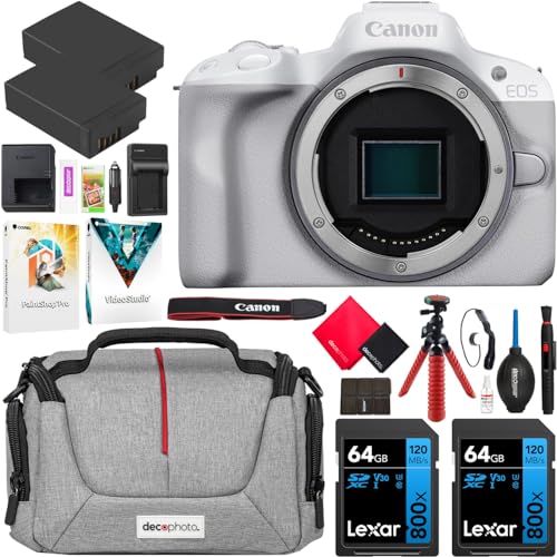 Canon EOS R50 Mirrorless Camera (White) with RF-S 18-45mm F4.5-6.3 is STM Lens 5812C012 Bundle with Deco Gear Photography Bag + 2 x Battery + 2 x 64GB Memory Cards + Accessories Kit