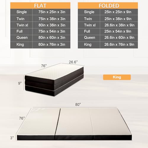 MUUEGM Folding Mattress, 3 Inch Tri-folding Memory Foam Mattress Foldable Mattress with Washable Cover Portable Mattress for Yoga/Camping/RV/Guest Beds,CertiPUR-US Certified, Single Size