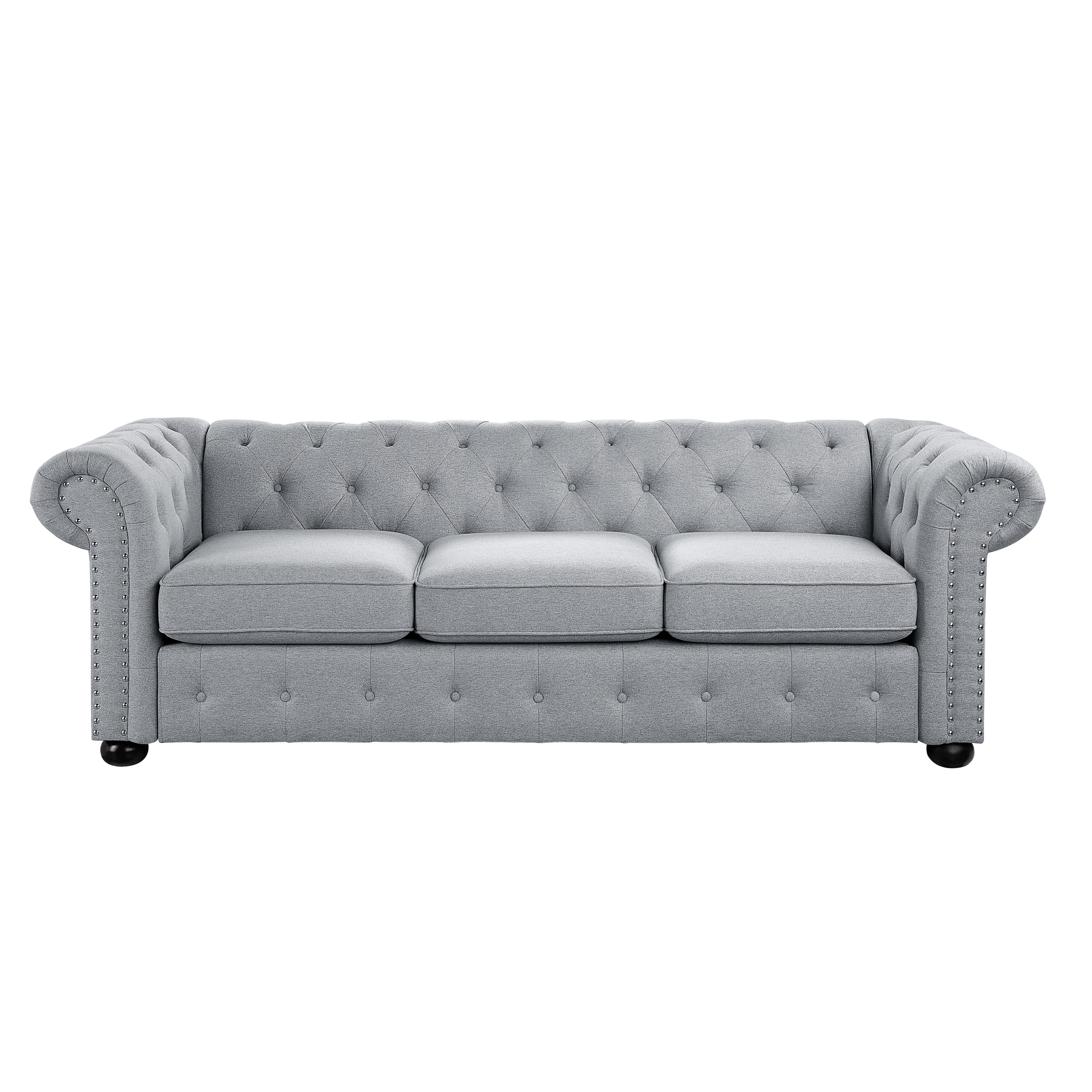 Corvus  Aleksis Tufted Chesterfield 3-seater Sofa with Rolled Arms Light Grey Wood, Linen Nailheads, Removable Cushions