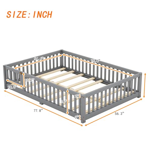 Full Size Montessori Floor Bed with Safety Fence and Door, Solid Wooden Kid Toddler Bedframe, Floor-Bed-Frame for Children Bedroom, Boys Girls, Kids Playroom, Gray