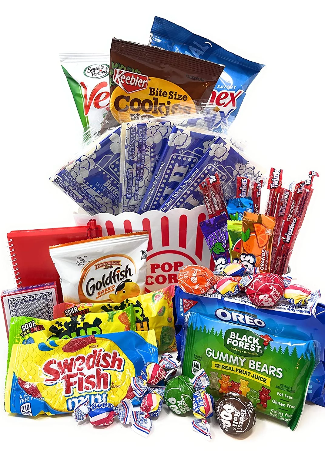 Movie and Game Night Gift Basket Care Package - Popcorn, Candy, Cookies Gift for Valentine's Day, Easter Basket, College Students - 40+ Piece Bundle