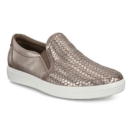 Ecco Women's Stone Metallic Leather Soft 7 Woven Slip-On Sneakers