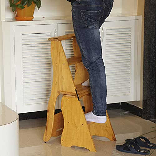 Step Stool Folding Ladde Portable Stairway Chair 2 in 1 Lightweight 4-Step Stool Dual Purpose Step Ladders Chair Indoor Shoe Bench Storage Shelf Library Safe Stable Foot Stools/Wood Color