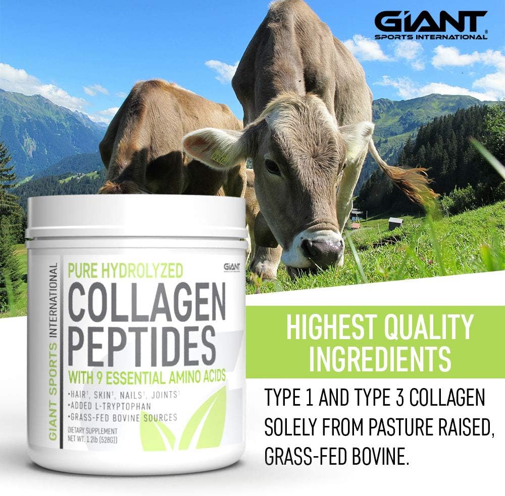 Giant Sports Collagen Peptide Powder - Hydrolyzed Complete All Essential Amino Acids with L-Tryptophan, Great for Skin, Hair, Nails, Bones, Joints - Grass Fed Pasture Raised Type 1 Type 3-1 LB