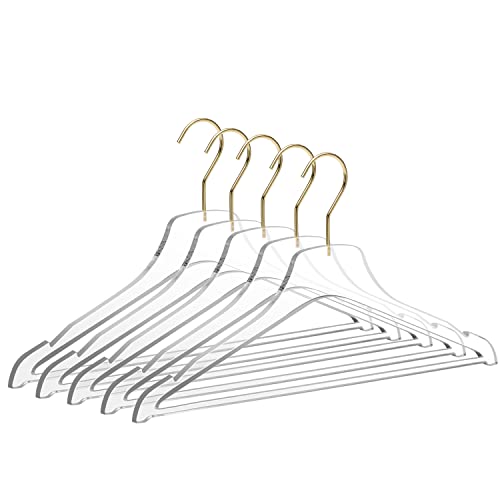 Quality Hangers Acrylic Clear Lucite Hangers - 5-Pack with Bar Gold Hooks for Clothes Pants Jackets Coats and Shirts - Closet and Wardrobe Organization (Gloss Gold Hook - 5 Pack)
