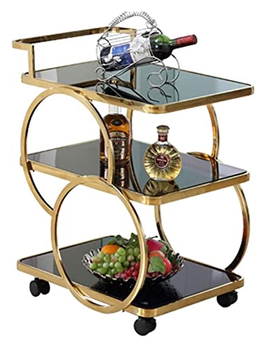 Bar Cart - Rolling Kitchen Carts for Home Hotel, Drinks Trolley Delivery Car Tempered Glass Wine Cart Mobile Dining Car Ring Design Stainless Steel(Stainless Steel)