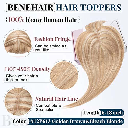 Benehair Topper with Thin Bangs Clip in Toppers for Women Real Remy Human Hair Silk Base Middle Part Hair Toupee for Thinning Hair 38g 6inch #4P27 Medium Brown Mix Dark Blonde