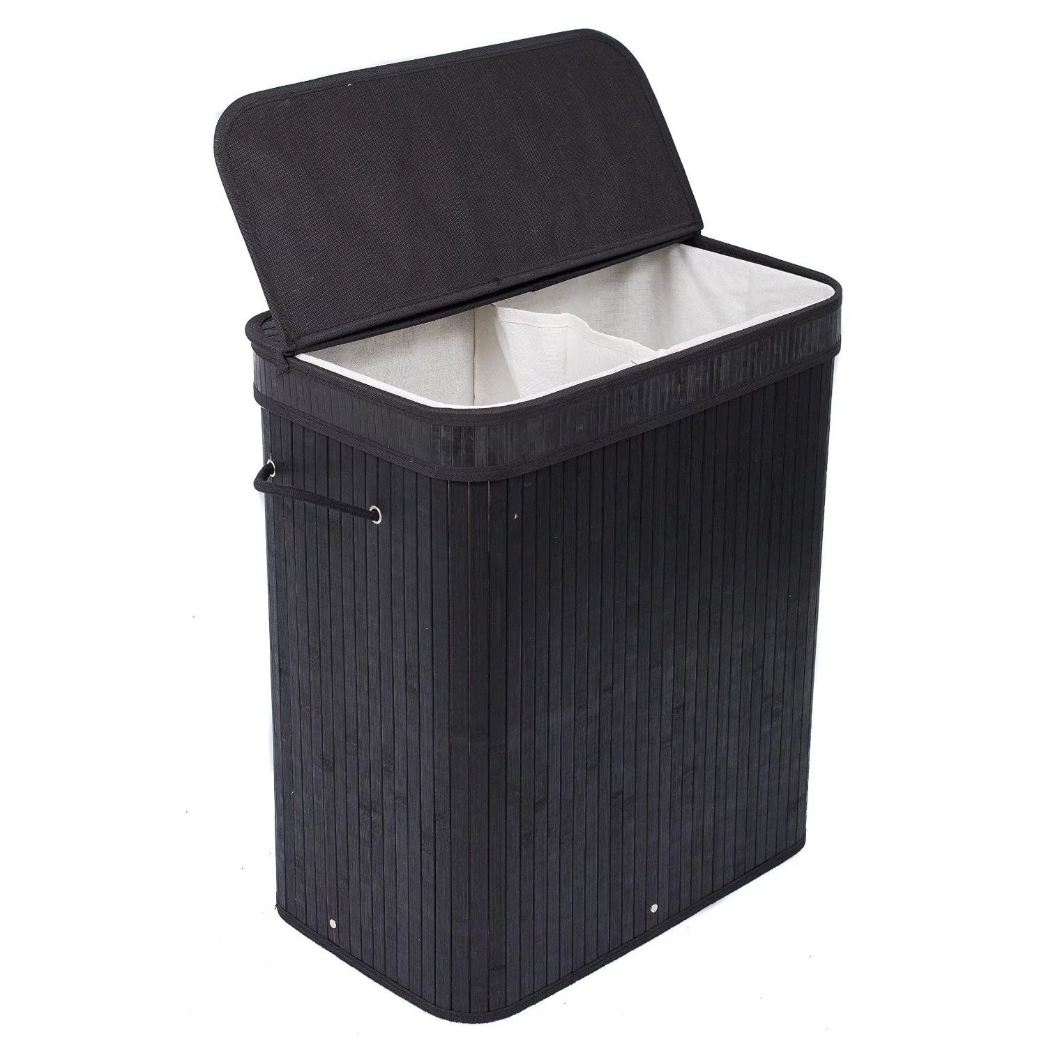 BirdRock Home Bamboo Double Laundry Hamper with Lid and Cloth Liner - Black
