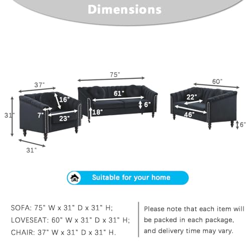 Living Room Furniture Set, Sectional Couches, Chesterfield Sofa Set, Fabric Loveseat Couch Set, 2-Piece Modern Sofa Set with Toss Pillows for Living Room/Bedroom/Office (Grey, Sofa+Loveseat)