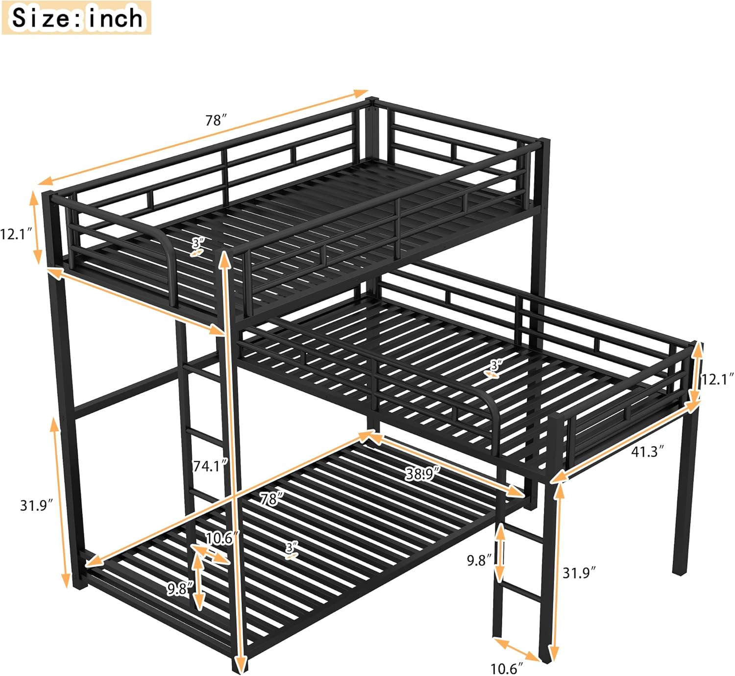 L-Shaped Triple Bunk Bed, Heavy Duty Metal Twin Size Bunk Bed with Ladder and High Guardrail, Triple Bunk Bed for 3 Kids Teens Adults, Space Saving, No Box Spring Needed, Black