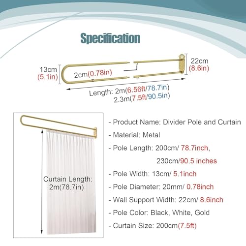 2 Pack Curtain Divider for Room Separation with Metal Pole, Home Commercial Partition Privacy Screen Fabric Curtains Panels, Beauty Bed Curtain Support Frame Pull Curtain(Beige,L 230cm/7.5ft)