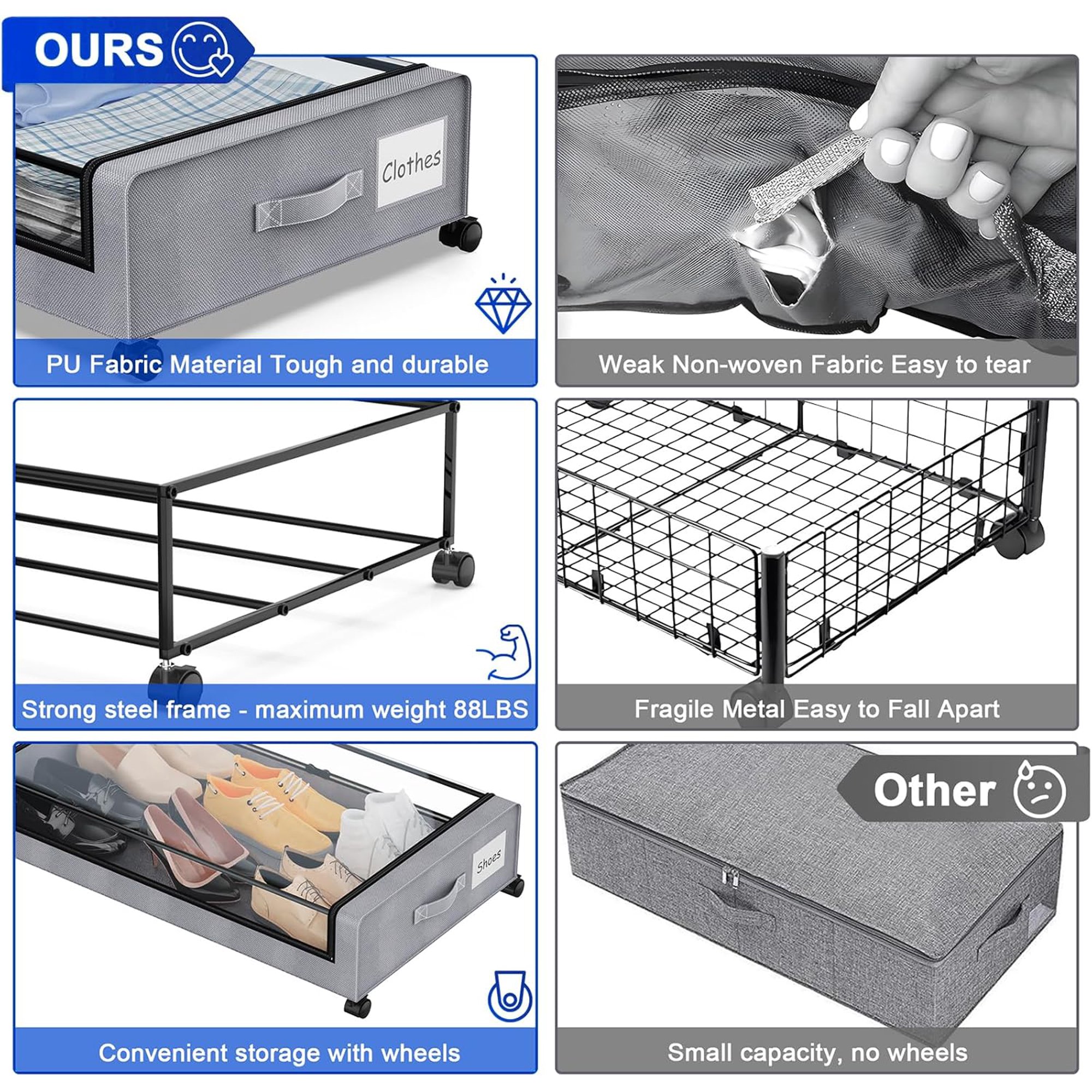 Under Bed Storage with Wheels, 4-Pack Under Bed Storage Containers with Clear Lids, XXL 60L Under the bed storage Organizer Bins, Rolling Under Bed Metal Drawer for Clothes,Shoes,Toys (Gray)