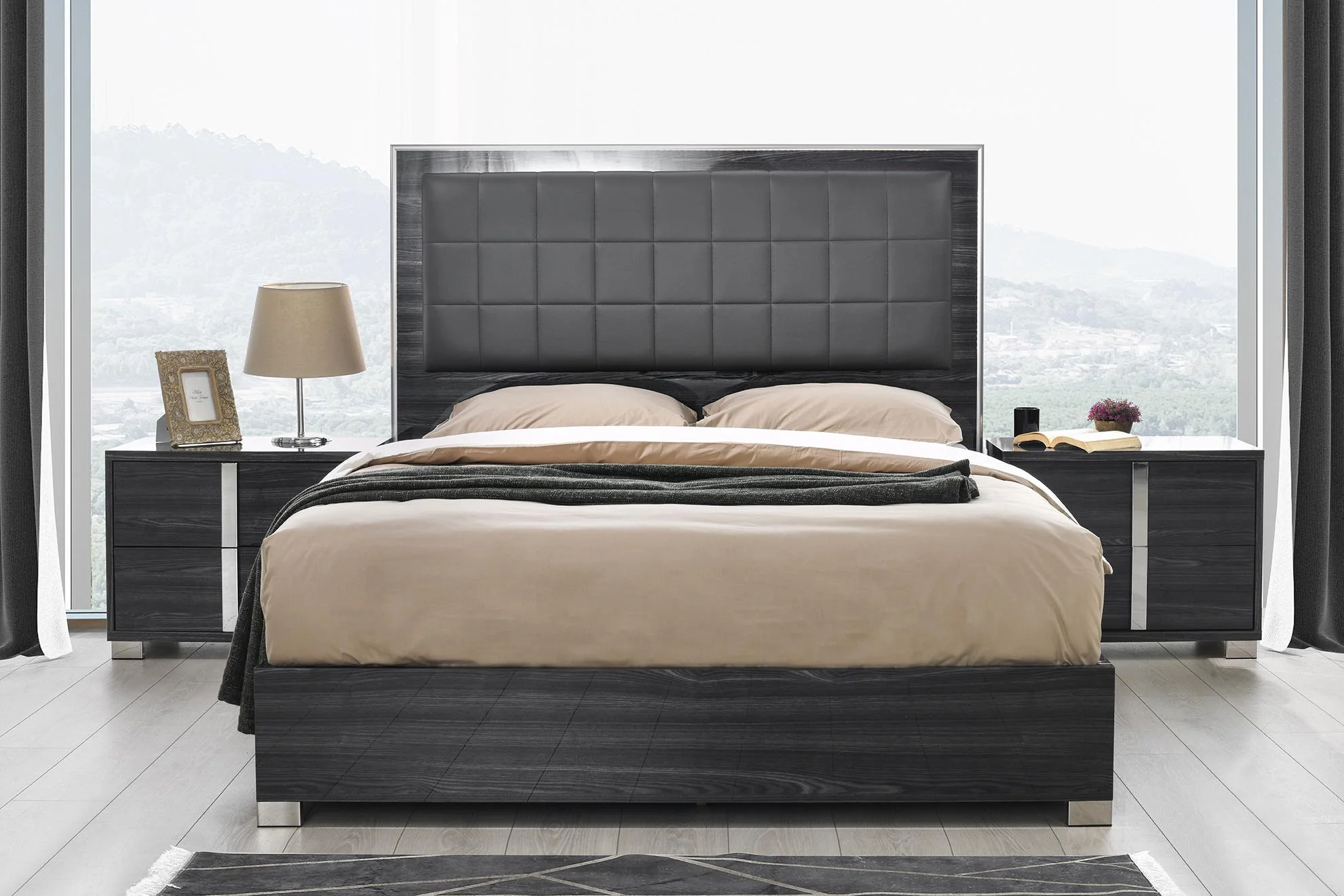 Gloss Grey Finish Queen Bed w/LED light Modern J&M Giulia