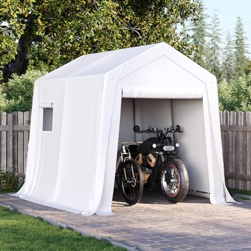 Aoxun 6x8x7 FT Outdoor Portable Storage Shed Tent with Roll-up Zipper Door and Window Portable Carport with Waterproof Tarp Galvanized Steel for Motorcycle, Generator, Bike Storage (White)