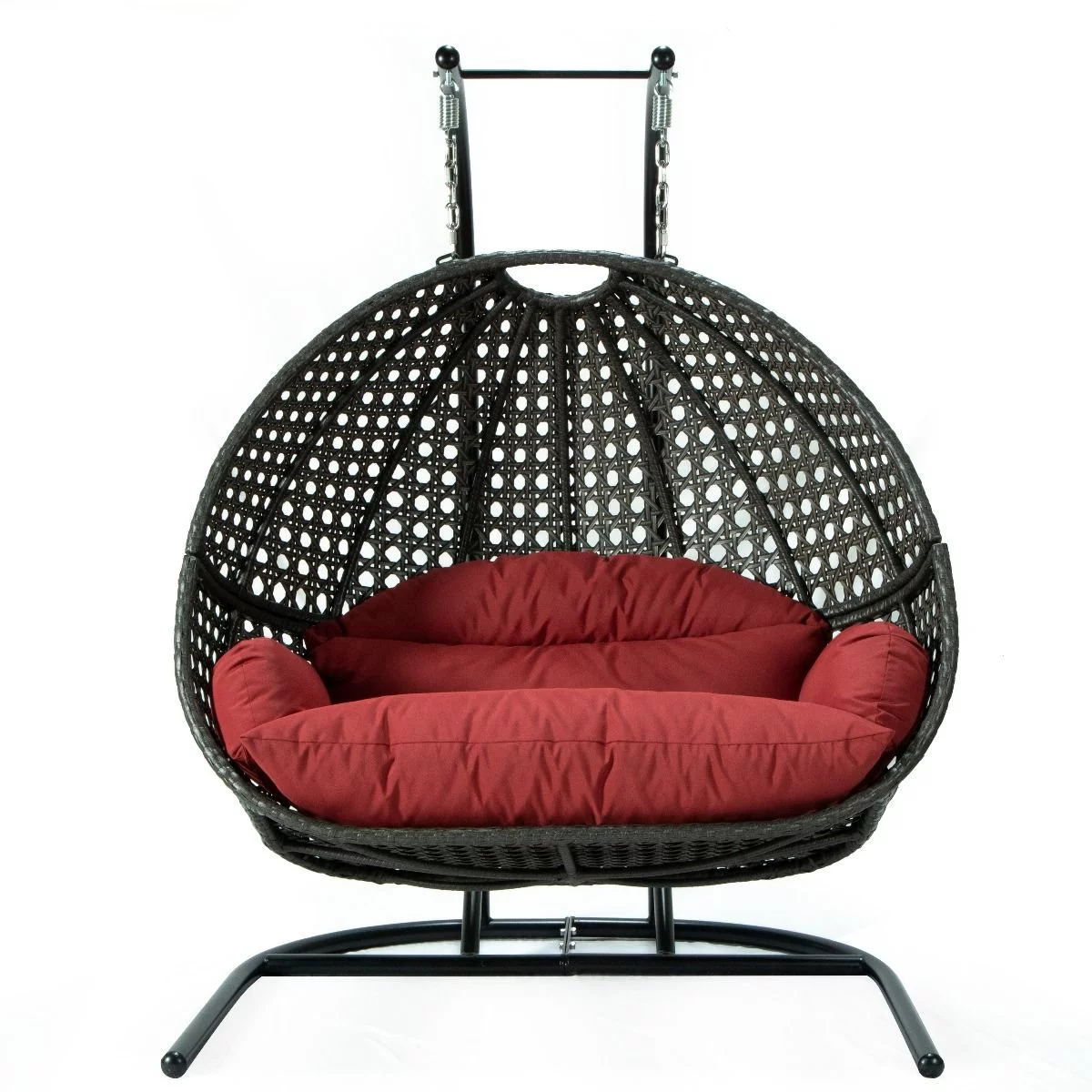 LeisureMod Modern Charcoal Wicker Double 2-Person Hanging Egg Swing Chair in Dark Red