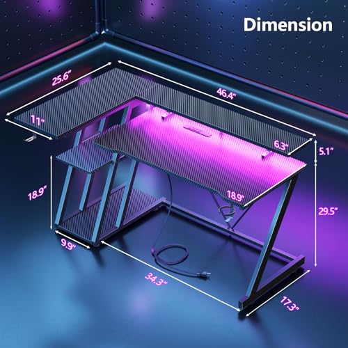 55 Inch Gaming Desk with Power Outlet & LED Lights, L Shaped Gamer Computer Table with Storage Shelves for Bedroom, Corner Home Office Desk, Carbon Fiber Black