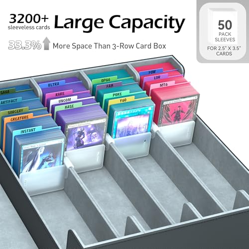 4-Row【3200+】 Trading Card Storage Box, Card Organizer Holder with 50 Sleeves & 24 Dividers, Case Fit for MTG TCG Magic Commander Deck Playing Cards, Deck Box for Baseball Sport Card