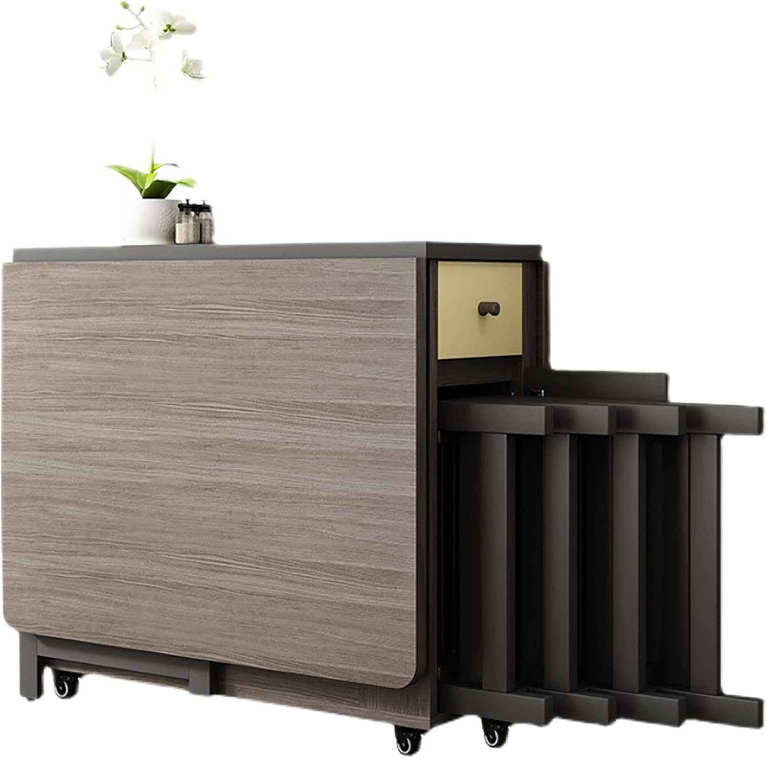 Folding Dining Table Set, Mobile Drop Leaf Dining Kitchen Table with 4 Chairs, Wood Simple Storage Table with 2 Wheels for Kitchen Dining Room Living Room Family Gathering.