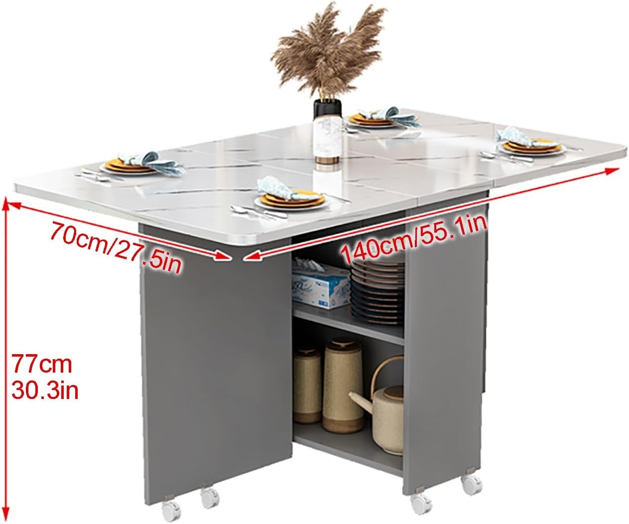 Extendable Drop Leaf Folding Dining Table, Modern Folding Table Drop Leaf Dining Table with 8 Wheels and 2-Layer Storage Shelf, Multifunction Expandable Table for Kitchen, Bedroom, Living Room