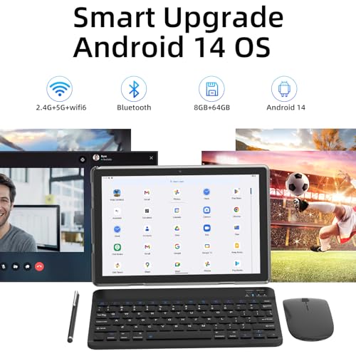 Tablet 10 Inch Android Tablet, 2 in 1 Tablets, Include Keyboard Mouse Case Stylus, 64GB ROM+8GB RAM 1TB expandable 2MP+8MP Dual cameras, 5G WIFI-6 Bluetooth 6000mAh Battery 10.1