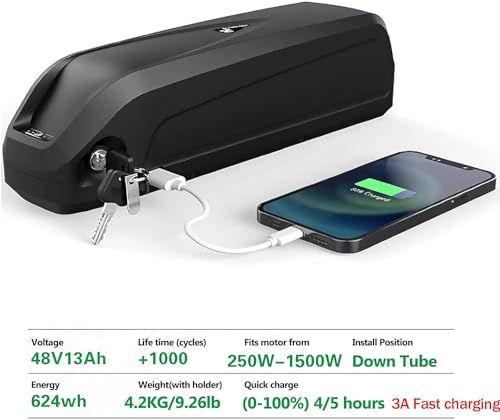 Ebike Battery, 48V 36V/20Ah 15Ah 13Ah Electric Bike Battery for 250-1500W Bike Motor, Led Indicator Light, USB Port, Safe Lock, with Safe and Fast 3A Charger (48V 13Ah)