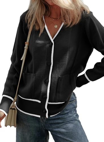 Dokotoo Short Cardigans for Women Color Blocked 2024 Fall Fashion Button Down Sweaters Winter Coats with Pockets