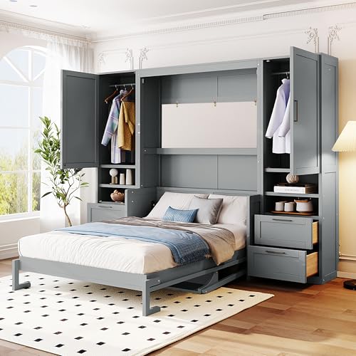 Merax Queen Size Murphy Bed with Desk, Space-Saving Wall Bed Frame with Closet, Drawers and Shelves, Foldable Platform Bed for Small Spaces Studio Study Office Guest Room, Gray