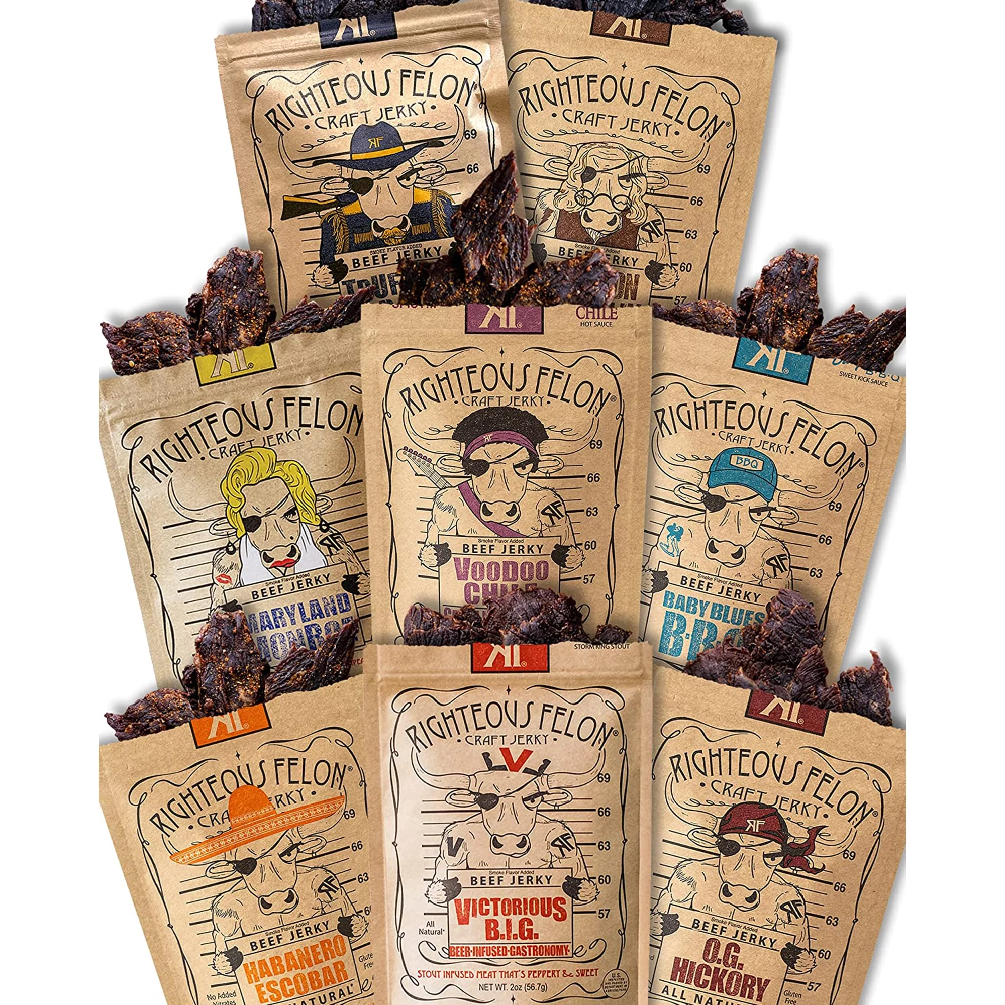 Righteous Felon Beef Jerky Variety Pack 2 oz Bags Low Calorie High Protein Healthy Snacks 8 Pack