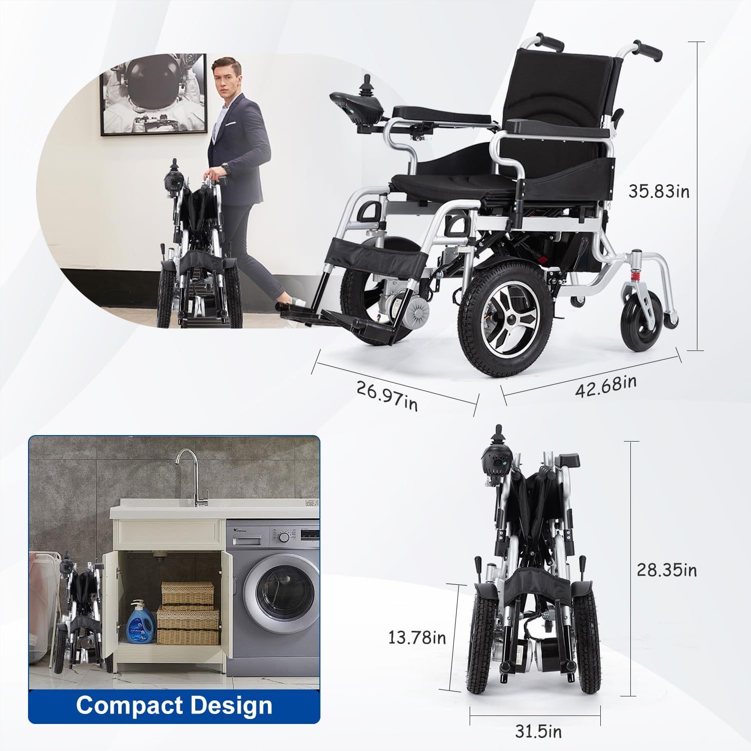 Electric Wheelchair for Adults Lightweight Foldable,All Terrain Motorized Wheelchair for Seniors Portable,20 Miles Long Travel Range-500W Motor Power Wheelchair-Compact Portable Airline Approved