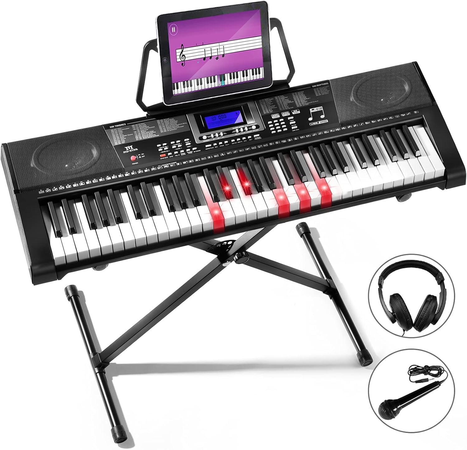 MUSTAR 61 Key Piano Keyboard, Light Up Keyboard Piano for Beginners Portable Electric Piano Learning Piano Keyboard with Stand, Built-in Speakers, Headphones, Microphone