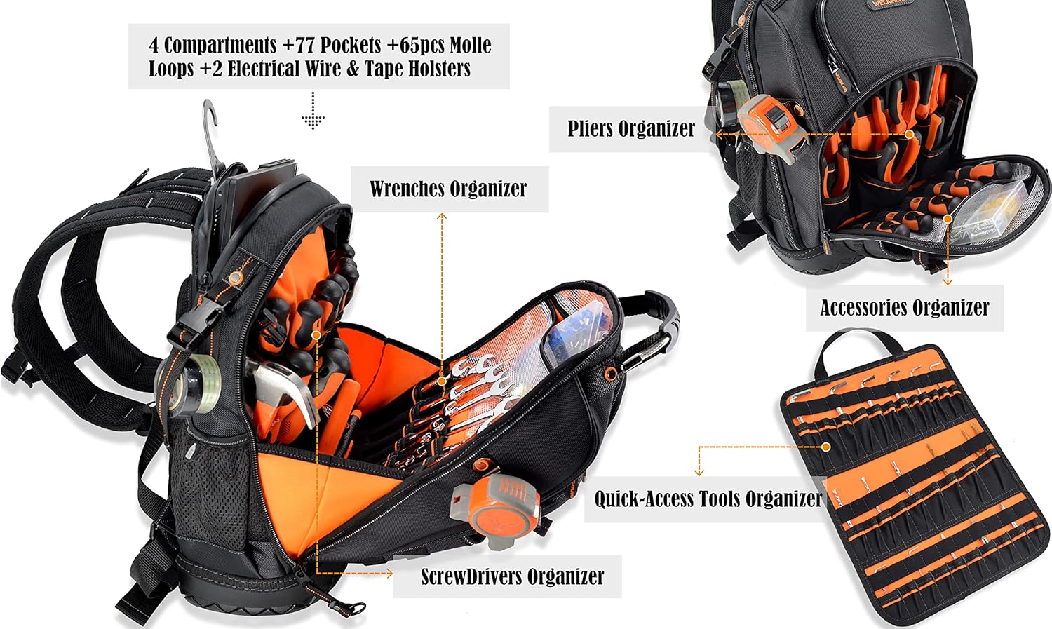WELKINLAND 77-Pockets Tool backpack, Tool backpack for men, HVAC tool bag backpack, Electricians backpack tool bag, Large electrician backpack, Tool backpack,Tool backpack for construction