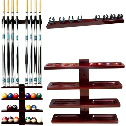 Wall-Mounted Pool Stick Holder, All Handicraft Hardwood Rack for 8-Cue Storage, Billiard Accesories Organizer (BLACK)