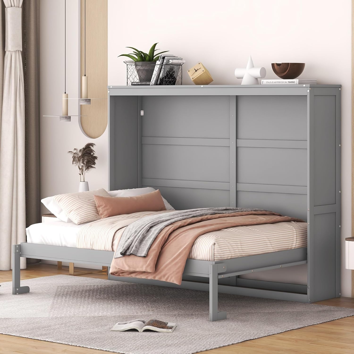 MERITLINE Full Size Murphy Bed Space-Saving Wall Bed for Multipurpose Guest Room or Home Office, Gray, HJH-LP664AAE