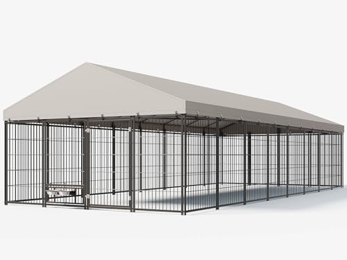 10X19FT Large Dog Kennel Outside with Feeding, Heavy Duty Outdoor Dog Run Cage with Cover & Lock, Outdoor Pet Enclosure Fence for Yard with Roof