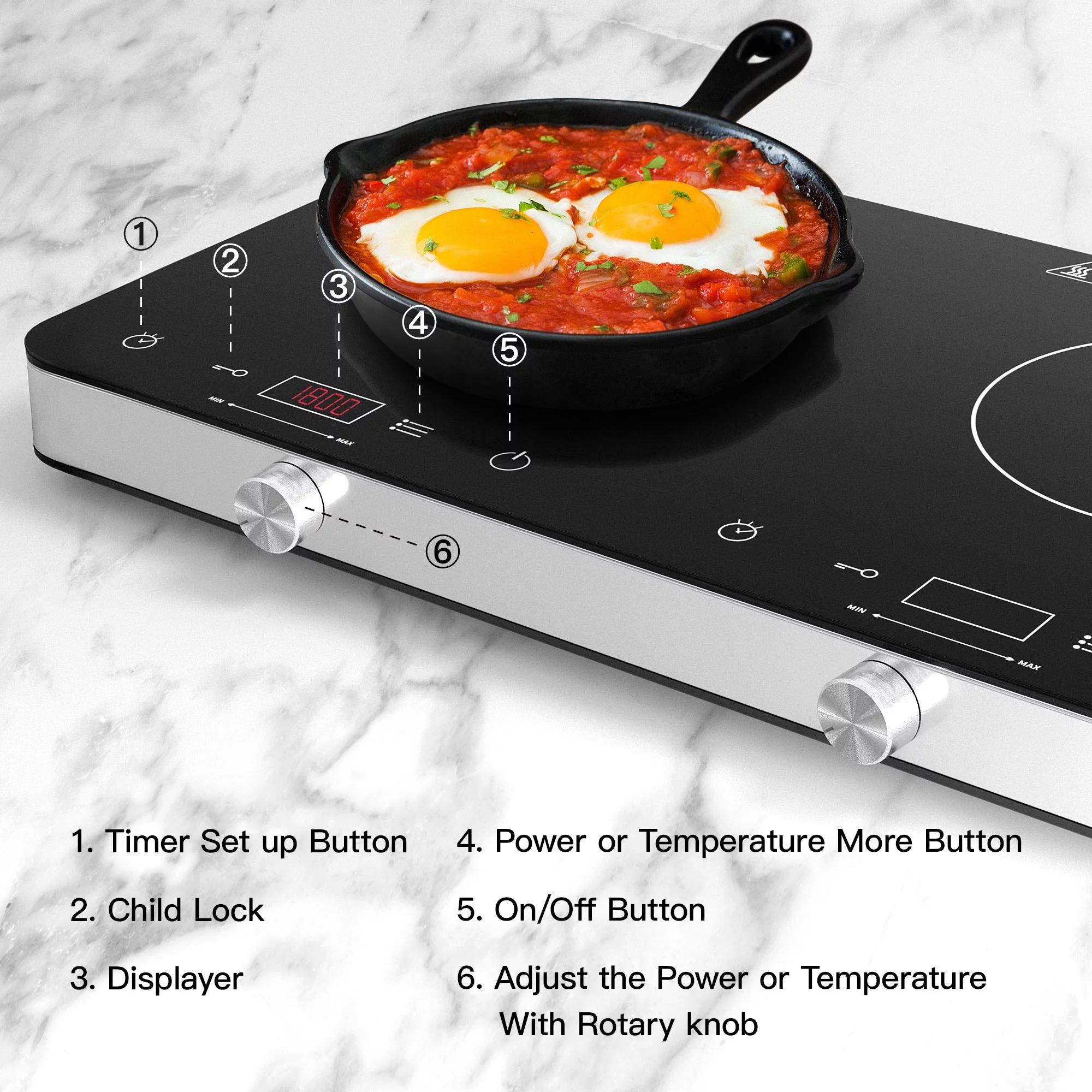 COOKTRON 1800W 120V Double Burner Electric Induction Cooktop w/Knobs